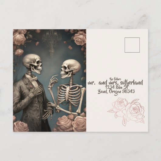 Skeletkoppel tot de dood doet ons deel RSVP QR Uitnodiging Briefkaart (Achterkant)