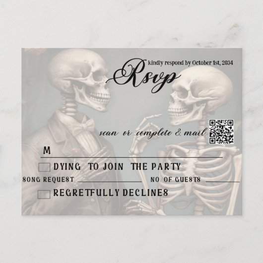 Skeletkoppel tot de dood doet ons deel RSVP QR Uitnodiging Briefkaart (Voorkant)