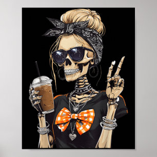 Skeletmeisje dat koffie drinkt vredesteken grafisc poster