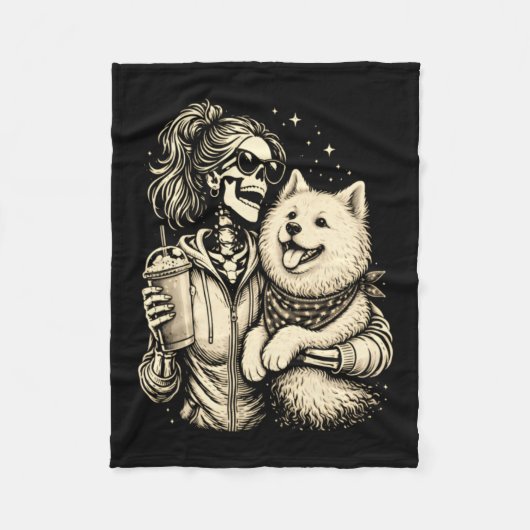 Skeletmeisje dat Samojeed omhelst Cute Coffee Goth Fleece Deken (Voorkant)