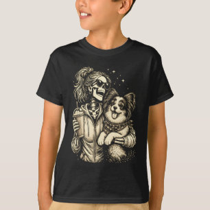 Skeletmeisje knuffelt Papillon-hond Schattige koff T-shirt