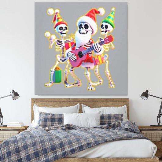 **Skeleton 3D Christm Santa Party – Funnyas Skelet Canvas Afdruk (Insitu (Slaapkamer))