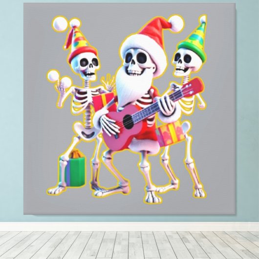 **Skeleton 3D Christm Santa Party – Funnyas Skelet Canvas Afdruk (Insitu (Houten vloer))