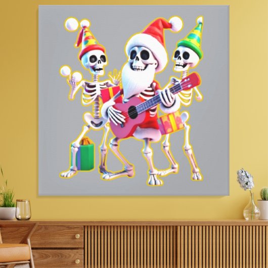**Skeleton 3D Christm Santa Party – Funnyas Skelet Canvas Afdruk (Insitu (Woonkamer))