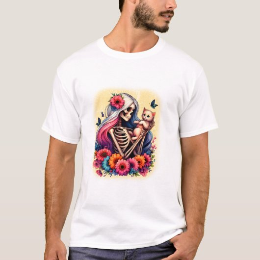 Skeleton And Cute Kitten T-shirt (Voorkant)