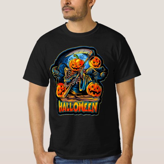 Skeleton Angel of Death Halloween Pumpkin Crows T-shirt (Voorkant)