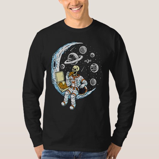 Skeleton Astronaut Eating Pizza op de maan T-shirt (Voorkant)