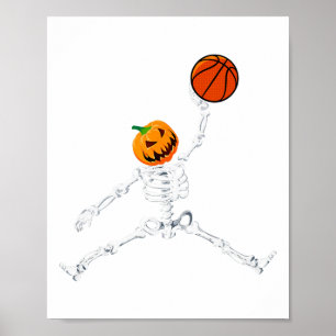 Skeleton Basketball Halloween Pumpkin Slam Dunk Poster