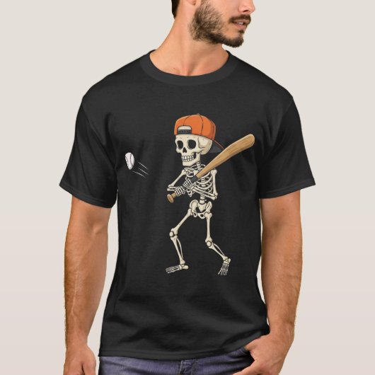 Skeleton Batting Honkbal Grappig Halloween Kostuum T-shirt (Voorkant)
