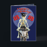 Skeleton biker 18th birthday card kaart<br><div class="desc">Een skeletmotorrijder die op een hog rijdt en een sigaret rookt. Inside is een afbeelding van een schedel en een spookvers. Een erg netelige verjaardagskaart.</div>