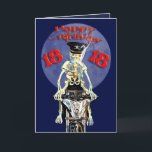 Skeleton biker 18th birthday card kaart<br><div class="desc">Een skeletmotorrijder die op een hog rijdt en een sigaret rookt. Inside is een afbeelding van een schedel en een spookvers. Een erg netelige verjaardagskaart.</div>