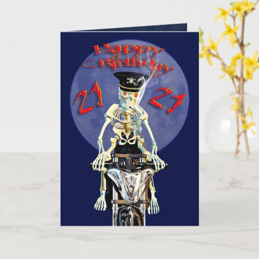 Skeleton biker 21e verjaardagskaart kaart (Gele Bloem)