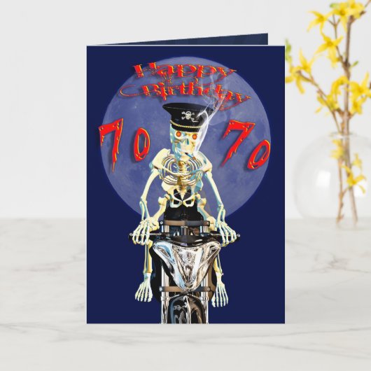 Skeleton biker 70ste verjaardagskaart kaart (Gele Bloem)