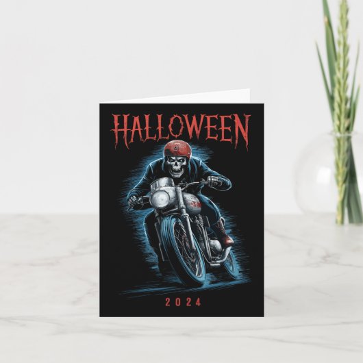Skeleton Biker Op Motorfiets Halloween 2024 Spooky Kaart (Voorkant)
