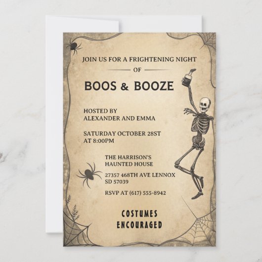  Skeleton & Booze Adult Halloween Party Kaart (Voorkant)