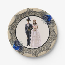 Skeleton Bride en Groom Black Lace Blue Rozen Papieren Bordje