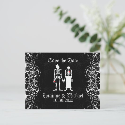 Skeleton Bride & Groom Save the Date Briefkaarten (Staand voorkant)