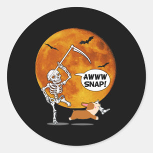 Skeleton Broken Leg Halloween Corgi Reaper Scythe Ronde Sticker