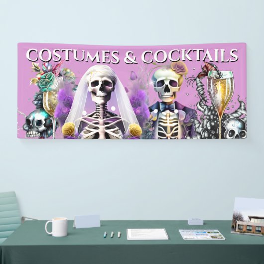 Skeleton bruid bruidegom gothic paarse bruiloft co spandoek (Beurs)