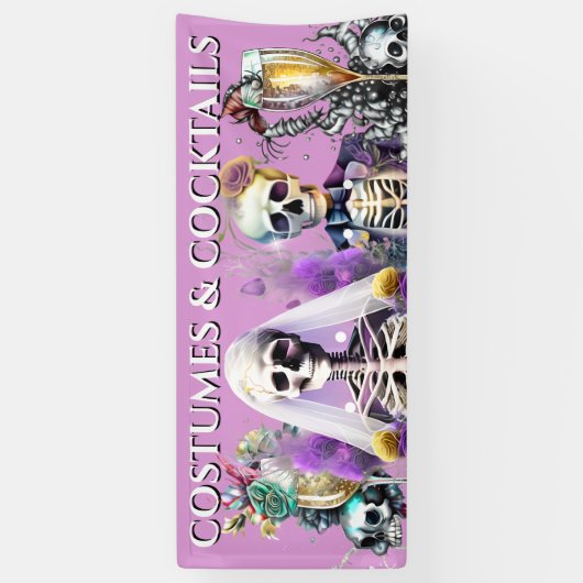 Skeleton bruid bruidegom gothic paarse bruiloft co spandoek (Verticaal)