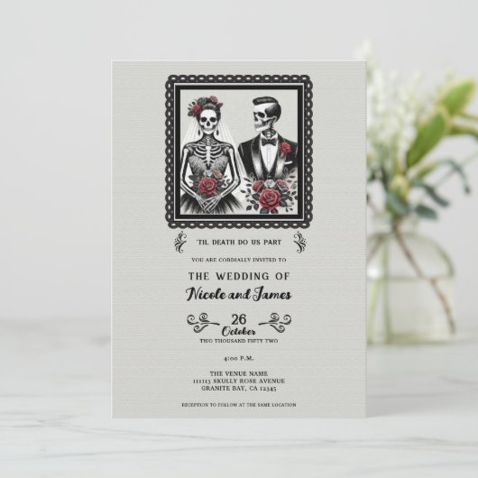 Skeleton Bruid & Bruidegom Paar Grijs Bloemen Huwe Kaart (Staand voorkant)