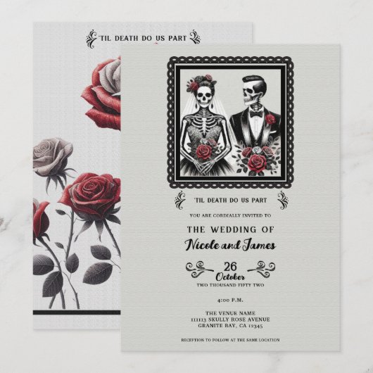 Skeleton Bruid & Bruidegom Paar Grijs Bloemen Huwe Kaart (Voorkant / Achterkant)
