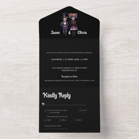 Skeleton bruiloft uitnodiging alles in één zwart (Binnen)
