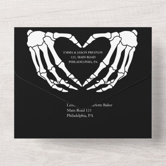 Skeleton bruiloft uitnodiging alles in één zwart (Achterkant)