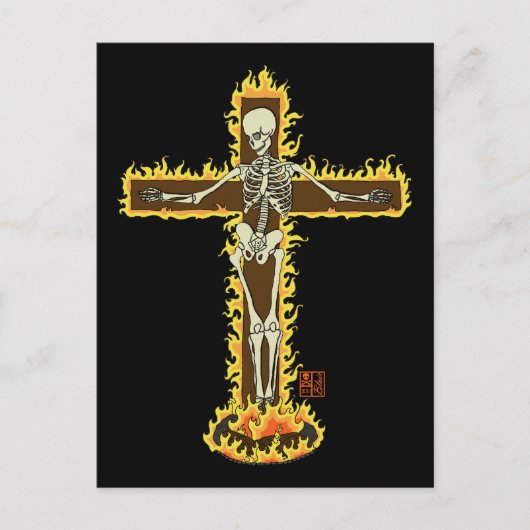 Skeleton Burning on Cross Gothic Halloween Tattoo Briefkaart (Voorkant)