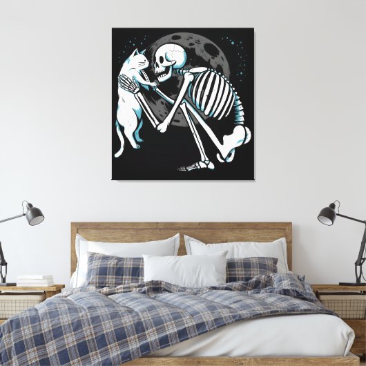 Skeleton Cat Friend Moon Night Art Canvas Afdruk (Insitu (Slaapkamer))