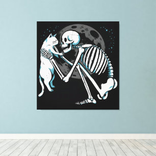 Skeleton Cat Friend Moon Night Art Canvas Afdruk