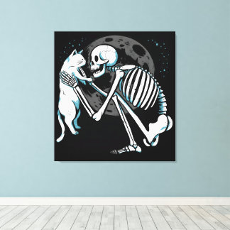 Skeleton Cat Friend Moon Night Art Canvas Afdruk