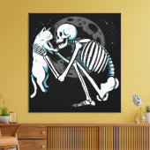 Skeleton Cat Friend Moon Night Art Canvas Afdruk (Insitu (Woonkamer))