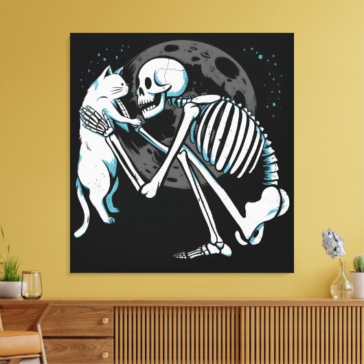 Skeleton Cat Friend Moon Night Art Canvas Afdruk (Insitu (Woonkamer))