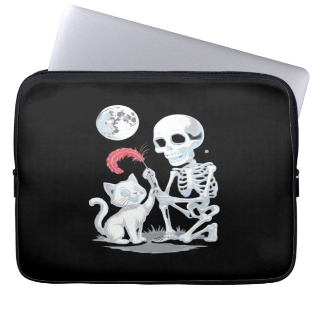 Skeleton Cat Halloween Funny Schattige Spooky Esse Laptop Sleeve (Voorkant)