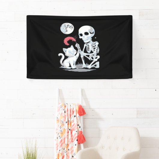 Skeleton Cat Halloween Funny Schattige Spooky Esse Spandoek (Insitu)