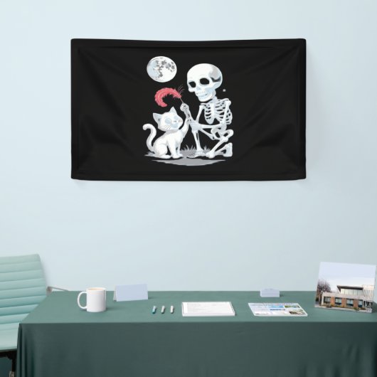 Skeleton Cat Halloween Funny Schattige Spooky Esse Spandoek (Beurs)