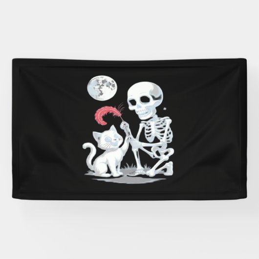 Skeleton Cat Halloween Funny Schattige Spooky Esse Spandoek (Horizontaal)