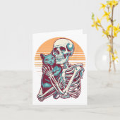 Skeleton Cat Skull Kat  Halloween Mannen Wom Kaart (Gele Bloem)