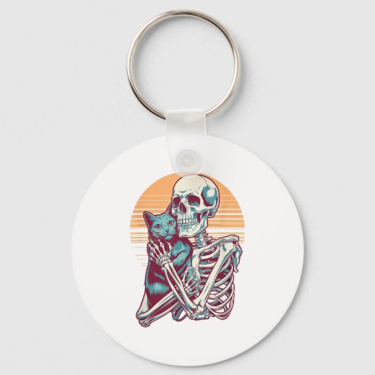Skeleton Cat Skull Kat Halloween Mannen Wom Sleutelhanger (Voorkant)