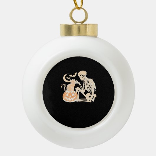 Skeleton Cat Skull kat Schattige Halloween Design  Keramische Bal Ornament (Voorkant)