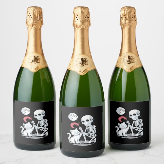 Skeleton Cat Skull kat Schattige Halloween Design Sparkling Wijnetiket (Flessen)