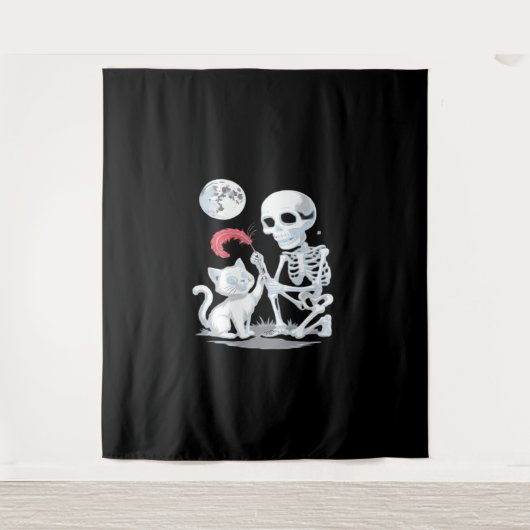 Skeleton Cat Skull kat Schattige Halloween Design Wandkleed (Voorkant)