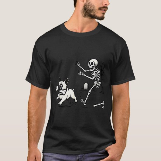Skeleton Chasing French Bulldog Biting Leg Bone Ha T-shirt (Voorkant)
