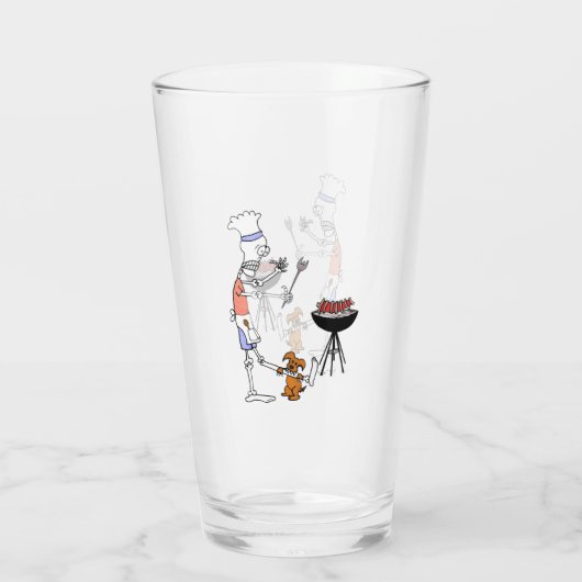 Skeleton Chef Grilling BBQ en Dog Gnawing on Bone Glas (Achterkant)
