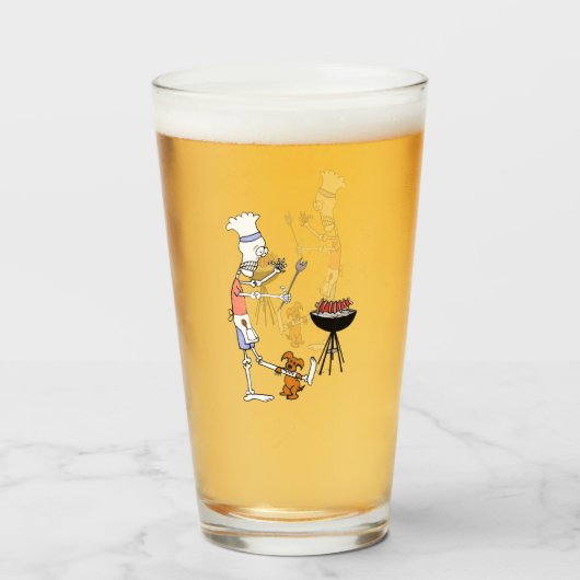 Skeleton Chef Grilling BBQ en Dog Gnawing on Bone Glas (Voorkant gevuld)