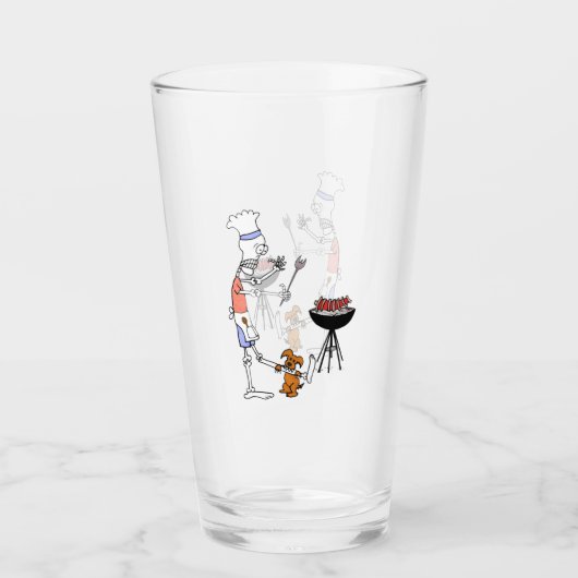Skeleton Chef Grilling BBQ en Dog Gnawing on Bone Glas (Voorkant)