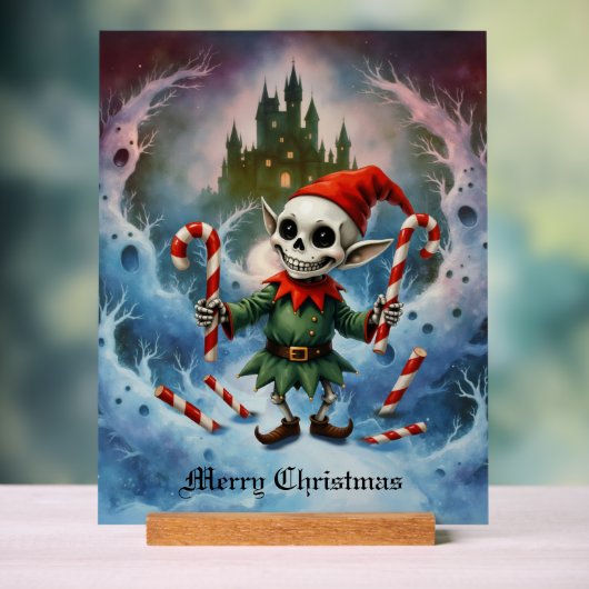 Skeleton Christmas Elf – Creepy Cute Dark Holiday Acryl Bord (Neutraal)