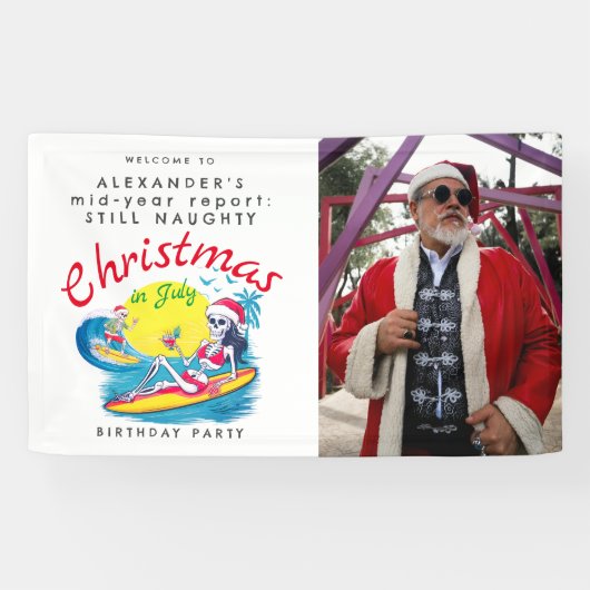 Skeleton Christmas in juli Beach Surf Welkomstbord Spandoek (Horizontaal)