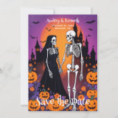 Skeleton Couple in Spooky Town at Dusk Wedding Save The Date (Voorkant)